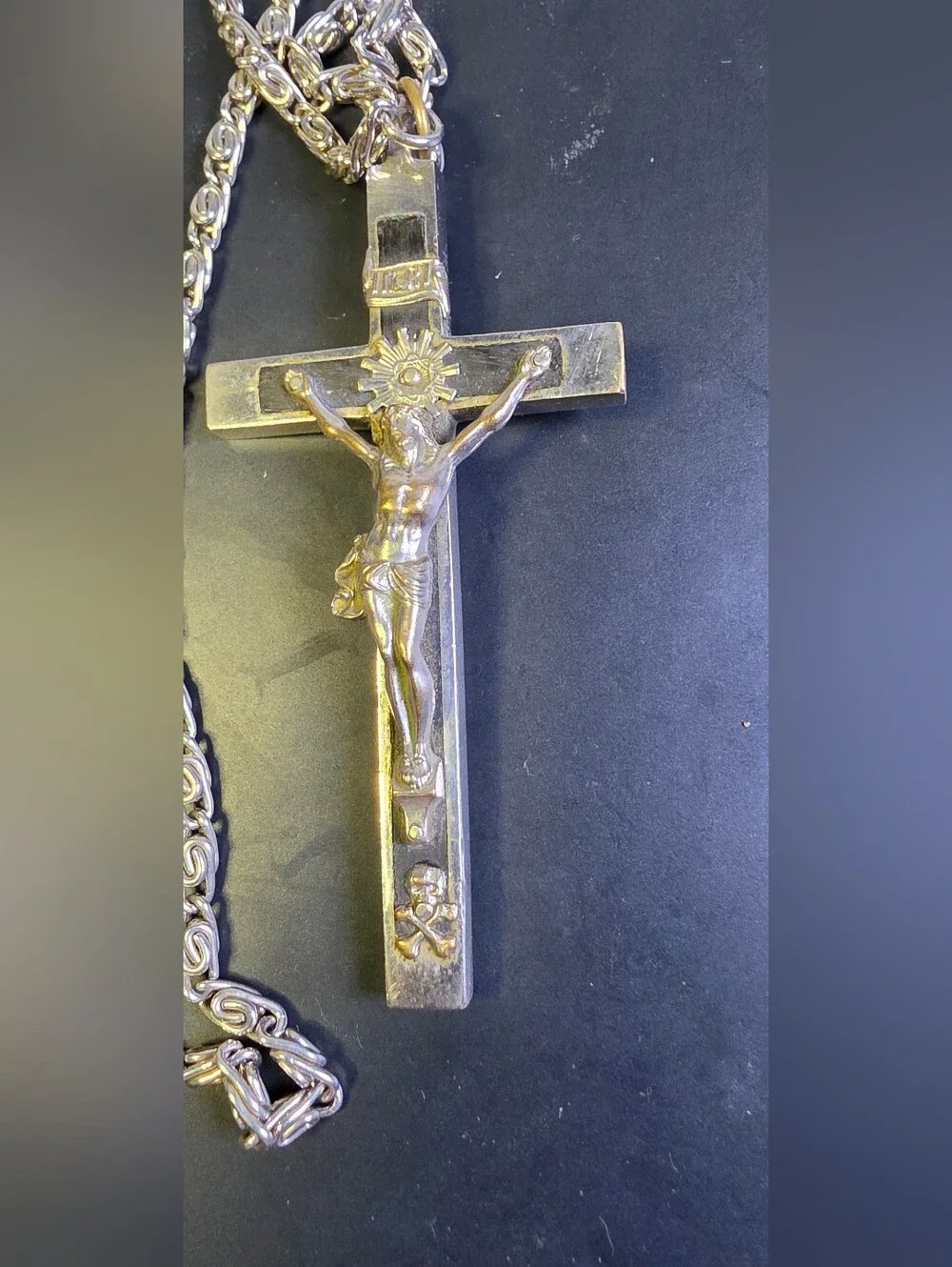 Vintage Catholic Nun's Or Priests Crucifix Featuring An Ebony Wood Inlay